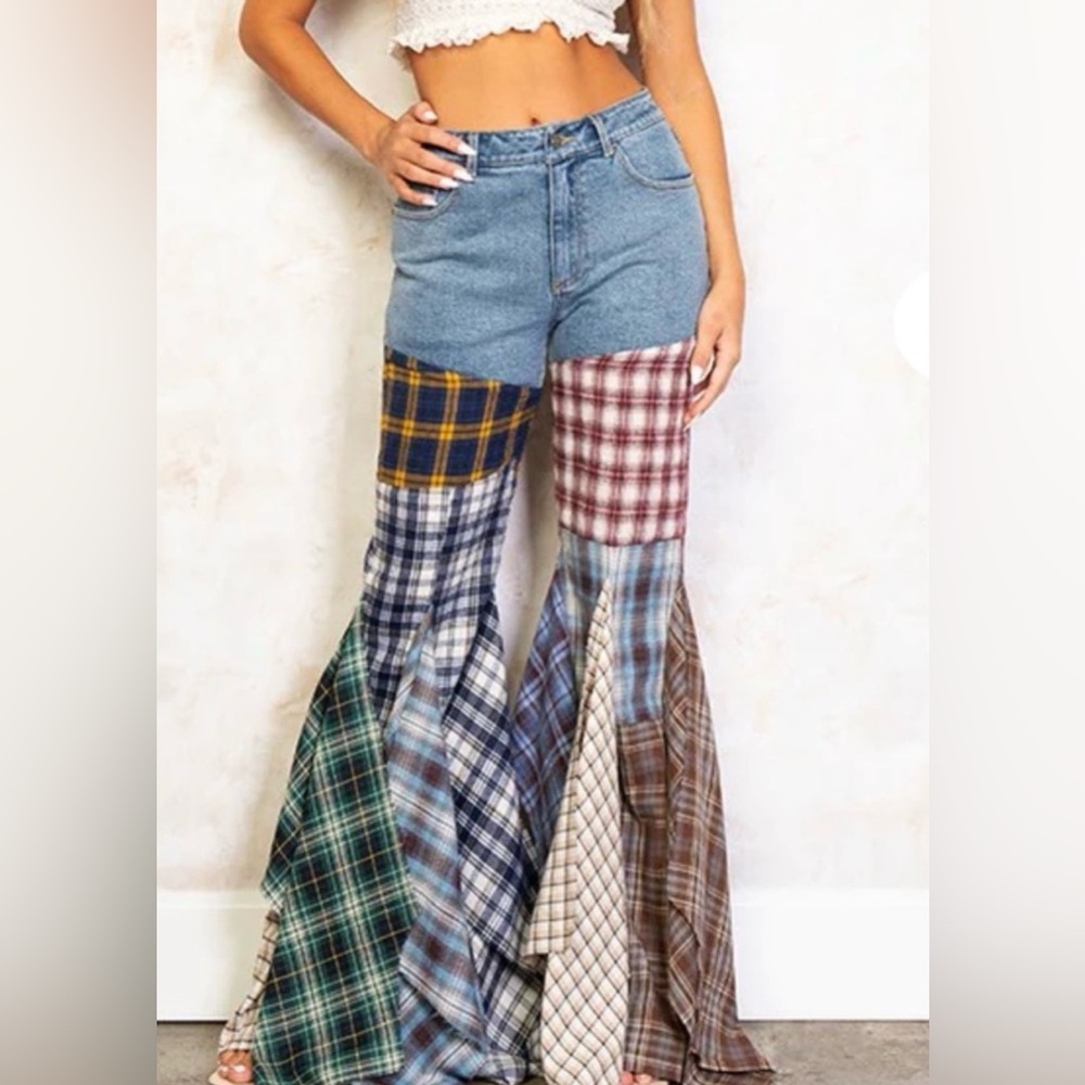 Re styled blue jeans fabric patchworks ruffle in excellent condition s…